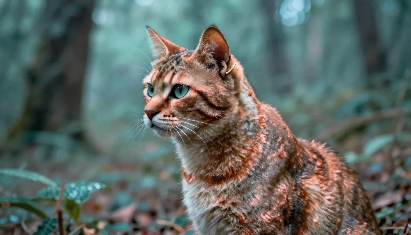 a feline-featured model with gold ear cuffs in a dramatic three-quarter profile, in a dewy forest clearing, soft-grain a