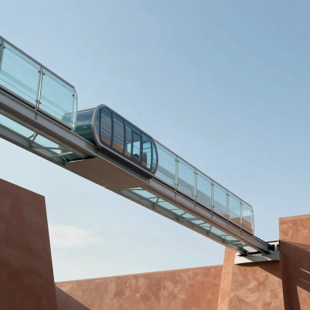 a glass monorail in crisp winter sunlight, quiet science-fiction concept art, careful geometric composition, terracotta