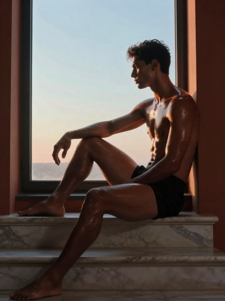 a chiseled athlete in dramatic rim light, oiled skin in a seated silhouette against a window, on a marble staircase at d