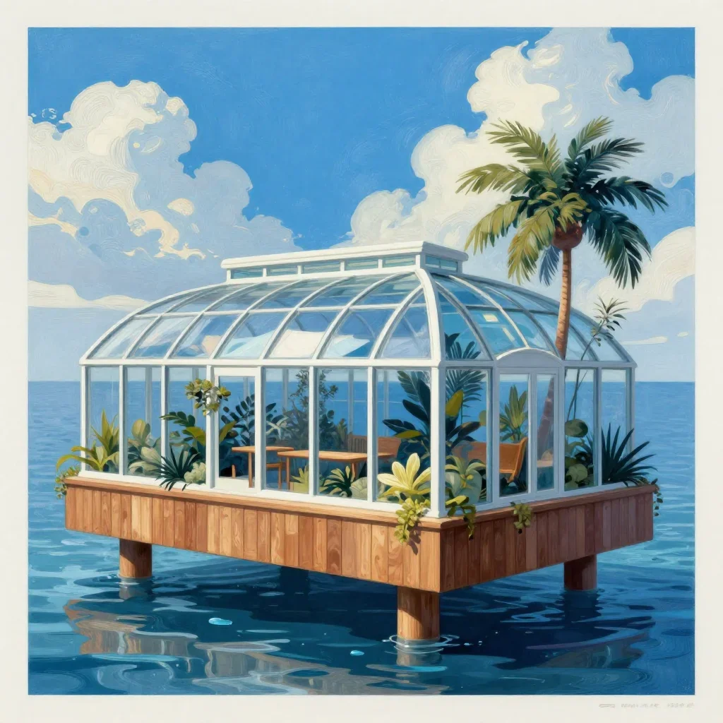 a floating botanical conservatory in a gentle sea breeze, modernist poster illustration, crisp material detail, ice blue