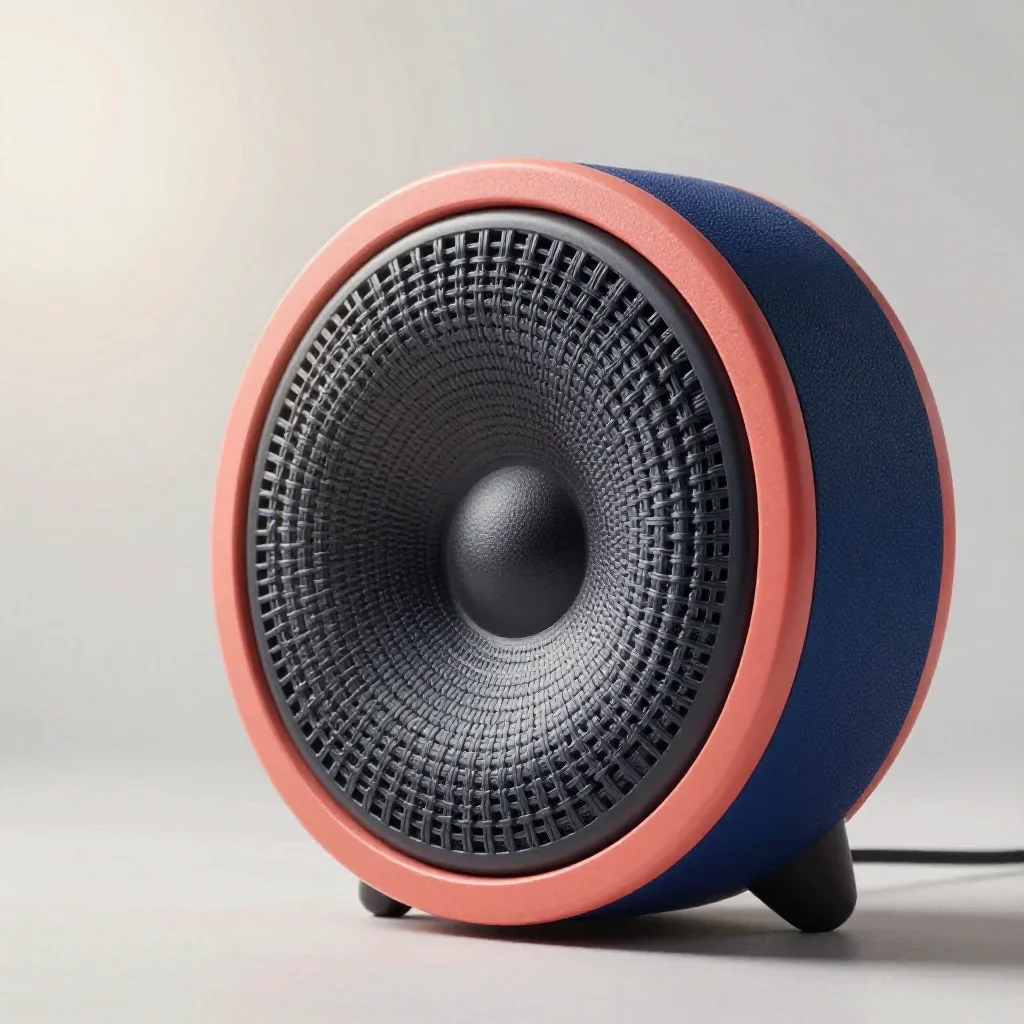 a woven fiber acoustic speaker under diffused skylight, refined editorial travel photography, soft volumetric light, cor