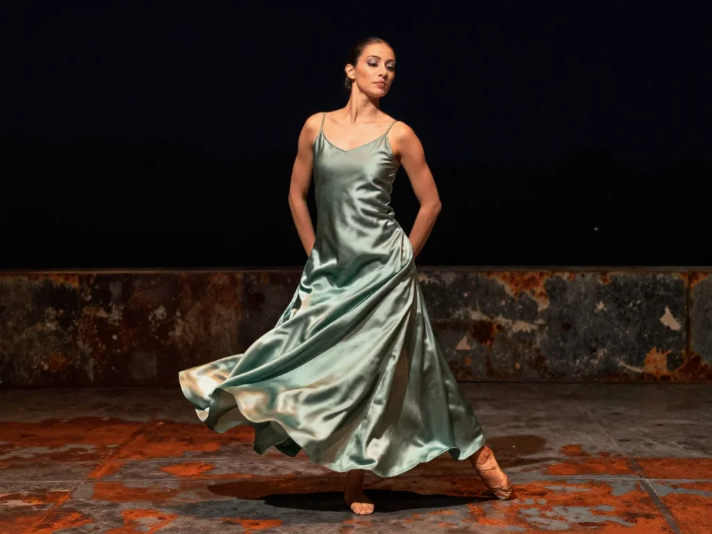 a dancer mid-spin in a silk maxi dress standing tall with hands in pockets, on a midnight dance floor, National Geograph