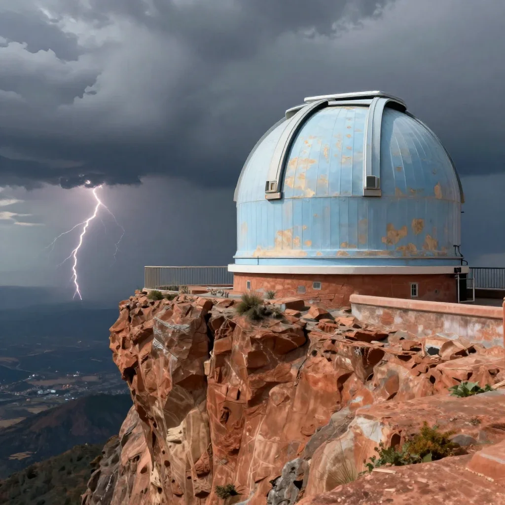a cliffside observatory after a distant thunderstorm, quiet science-fiction concept art, weathered tactile surfaces, ter