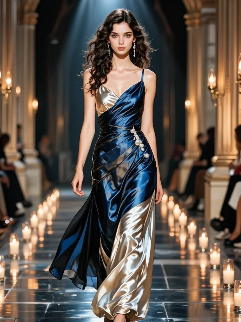 a young woman in a flowing silk gown in a confident cinematic stride, in a candle-lit cathedral ruin, high-fashion runwa