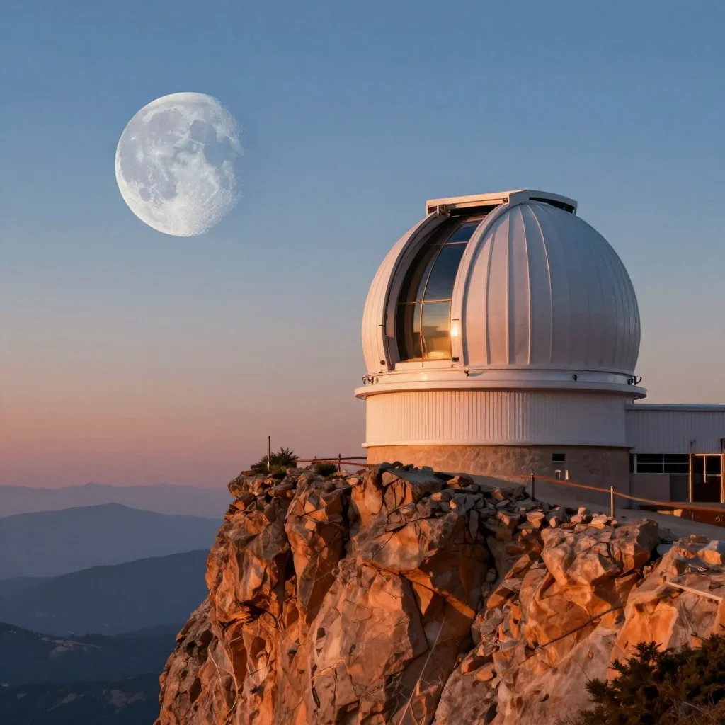 a cliffside observatory at moonrise, cinematic architectural photography, soft volumetric light, ochre and ultramarine p