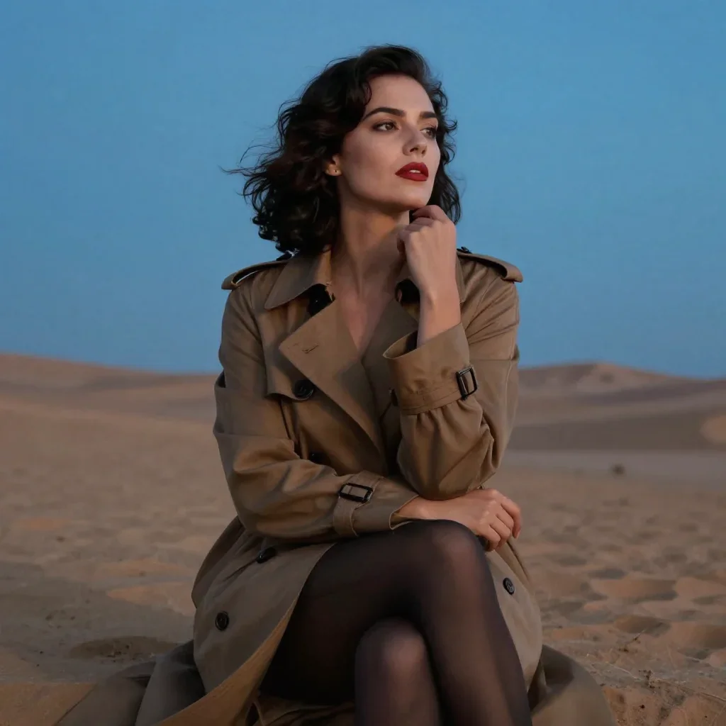 a noir detective's femme fatal muse in a trench coat in a low lunge with a lifted chin, in a silent desert at twilight,
