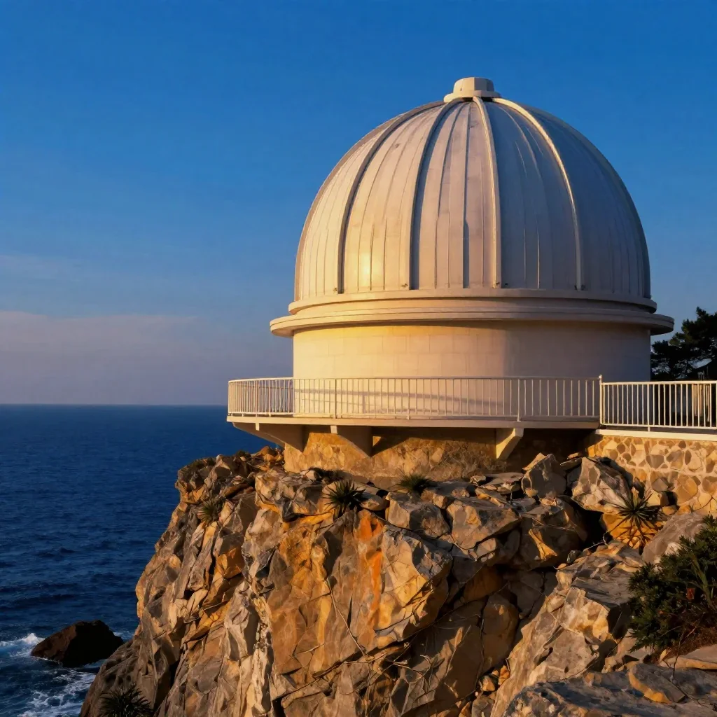 a cliffside observatory in a gentle sea breeze, museum-quality still-life photography, careful geometric composition, co