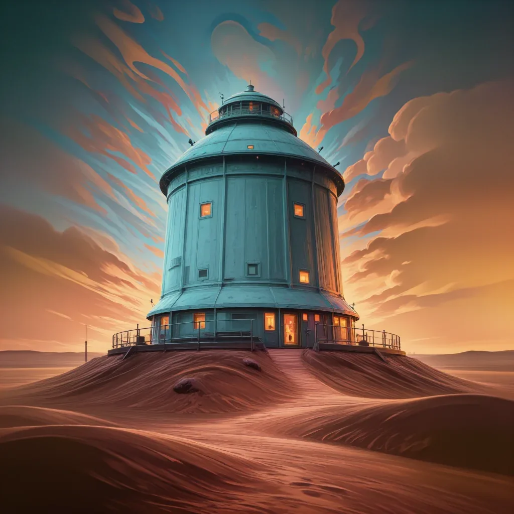 a desert research station in quiet late-afternoon haze, modernist poster illustration, restrained color harmony, terraco