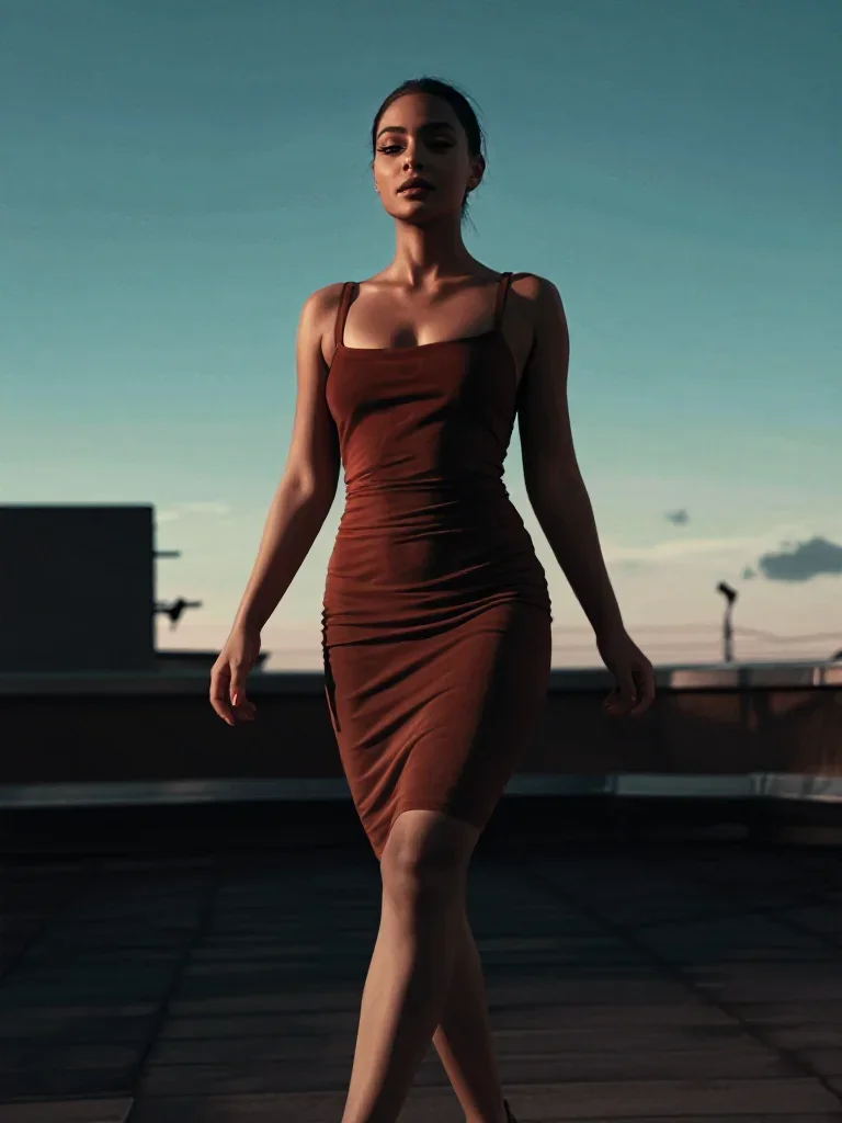 a muse on a rooftop at dusk in a body-con dress in a confident cinematic stride, on a midnight dance floor, cinematic fi