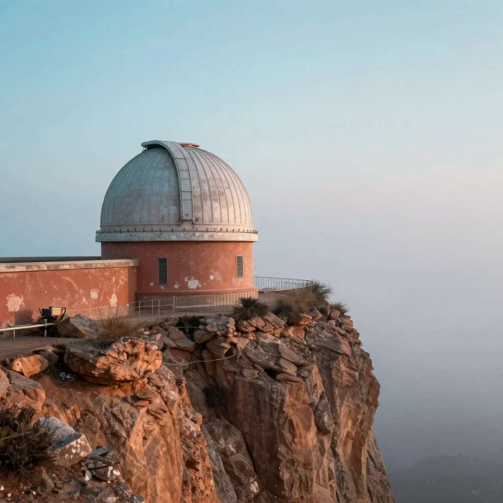 a cliffside observatory under soft dawn fog, dreamlike fine-art landscape photography, weathered tactile surfaces, terra