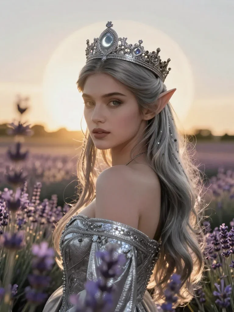 an elven queen in a moonlit silver crown in an alluring over-the-shoulder glance, in a backlit golden-hour field, bold H