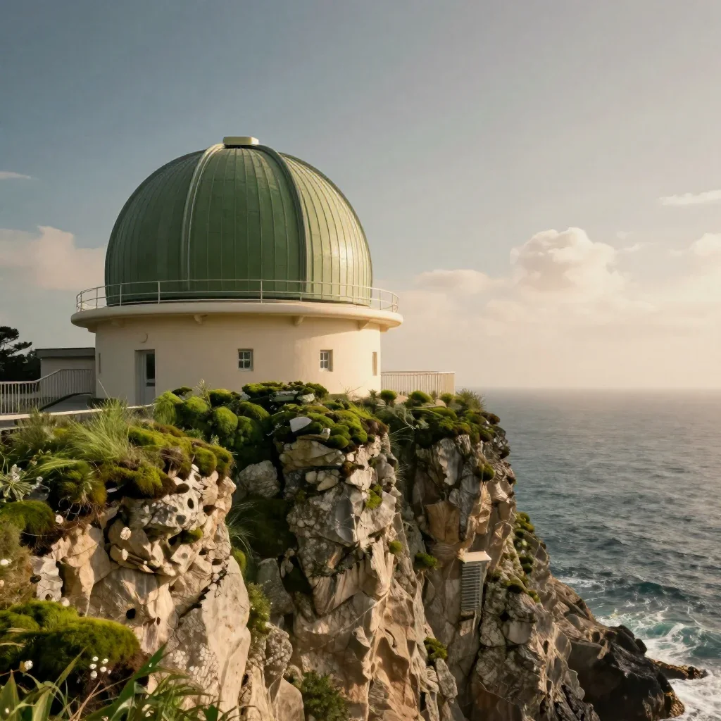 a cliffside observatory in a gentle sea breeze, cinematic architectural photography, clean natural textures, moss green 
