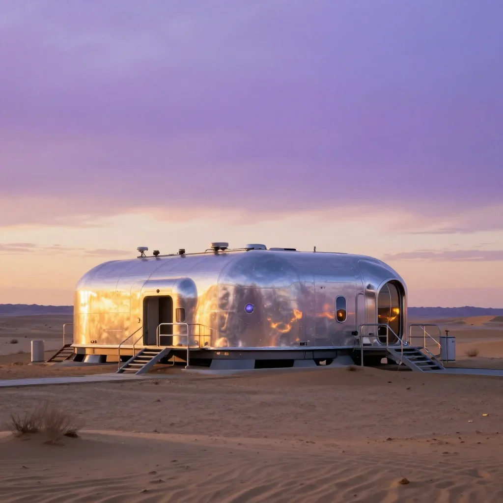a desert research station during golden hour, quiet science-fiction concept art, crisp material detail, lavender and sil