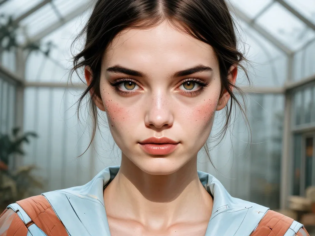 a couture catwalk muse with razor cheekbones in a gentle reach toward the lens, in a greenhouse humid with mist, Renaiss