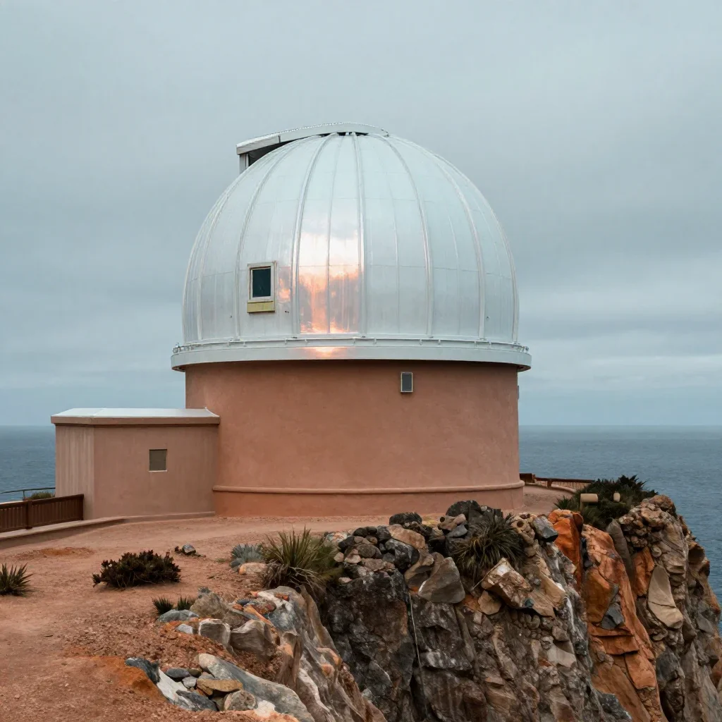 a cliffside observatory under overcast coastal light, museum-quality still-life photography, gentle reflected light, ter