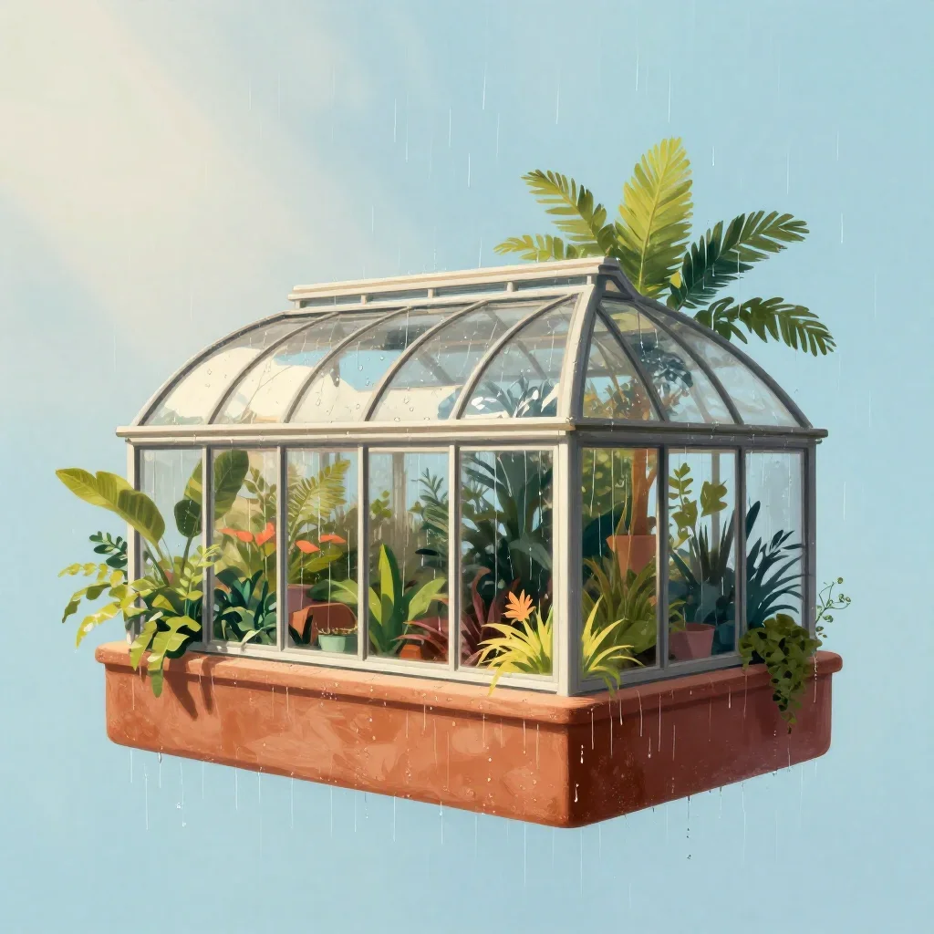 a floating botanical conservatory after warm summer rain, modernist poster illustration, clean natural textures, terraco