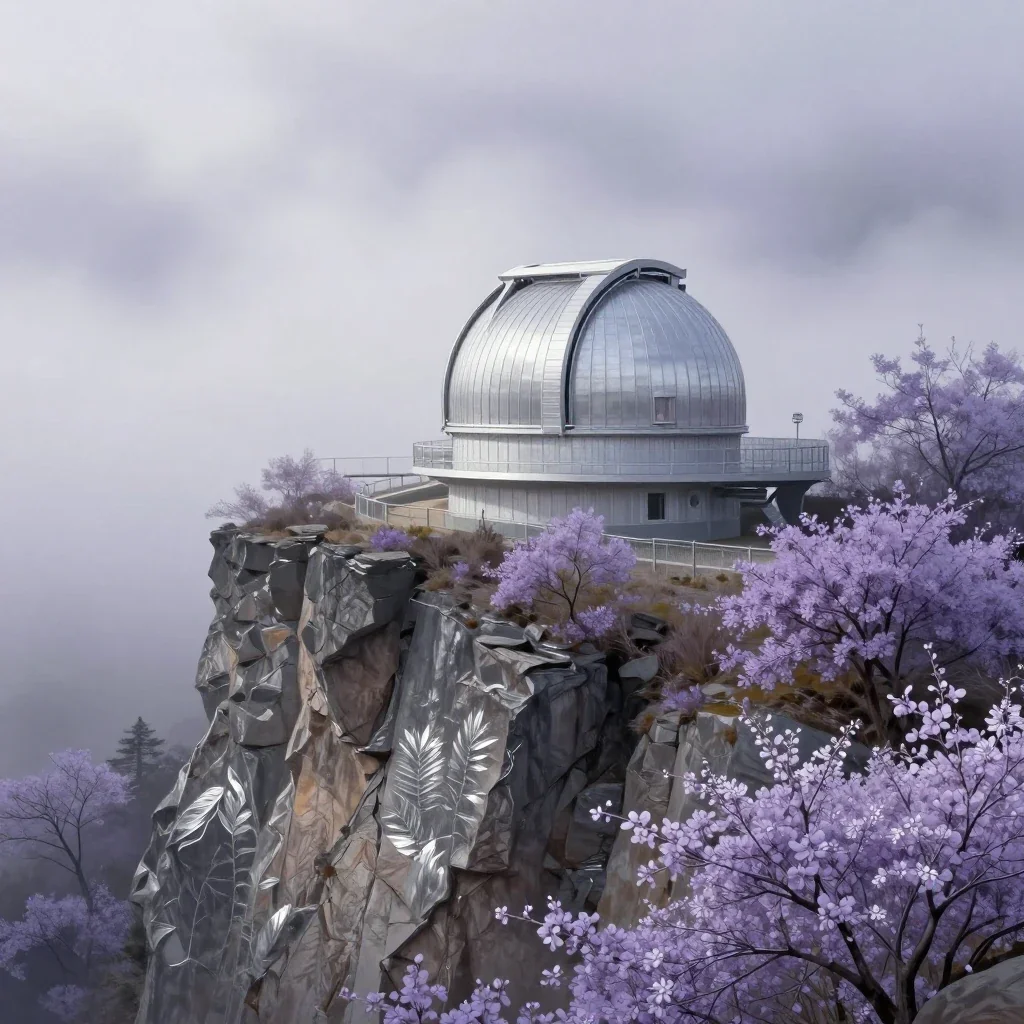 a cliffside observatory in early spring mist, contemporary botanical illustration, crisp material detail, lavender and s