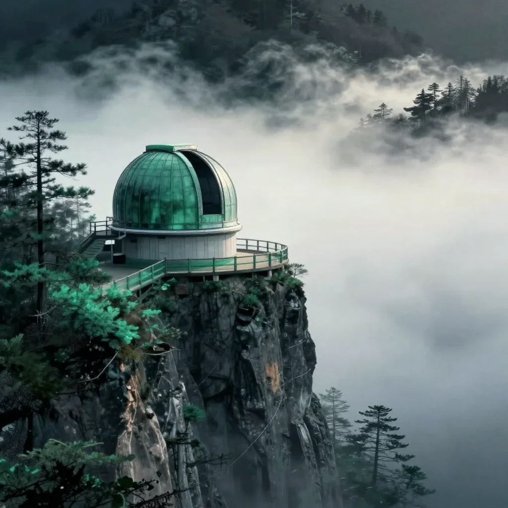 a cliffside observatory in early spring mist, Japanese woodblock-inspired editorial art, soft volumetric light, jade and