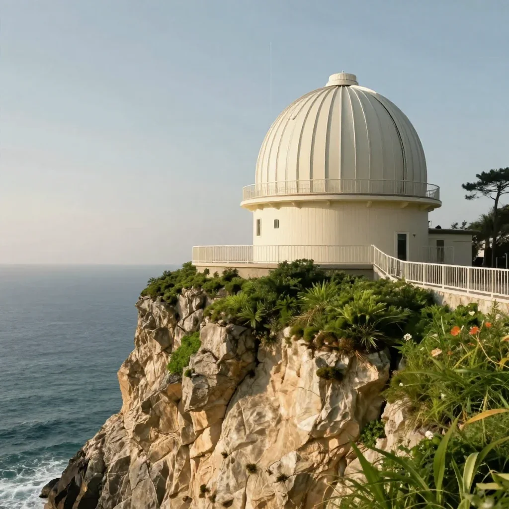 a cliffside observatory in a gentle sea breeze, refined editorial travel photography, clean natural textures, moss green