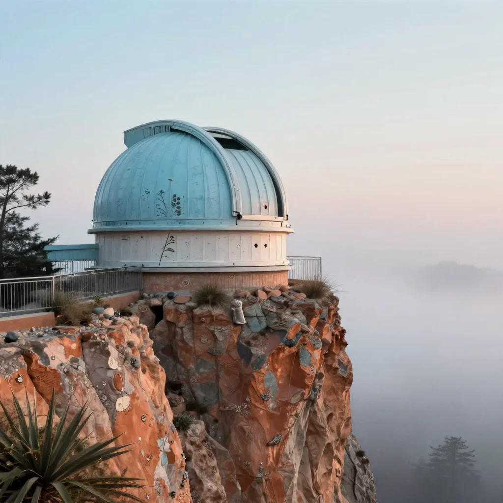 a cliffside observatory under soft dawn fog, contemporary botanical illustration, weathered tactile surfaces, terracotta