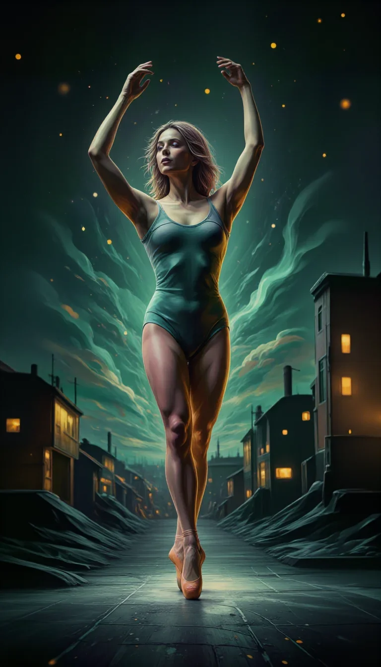 a ballet dancer in a bare-shoulder leotard, mid-extension in a dramatic three-quarter profile, on a neon-lit rooftop at 