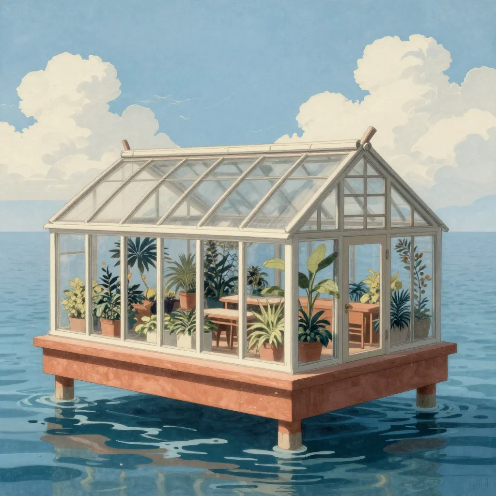 a floating botanical conservatory in a gentle sea breeze, Japanese woodblock-inspired editorial art, clean natural textu
