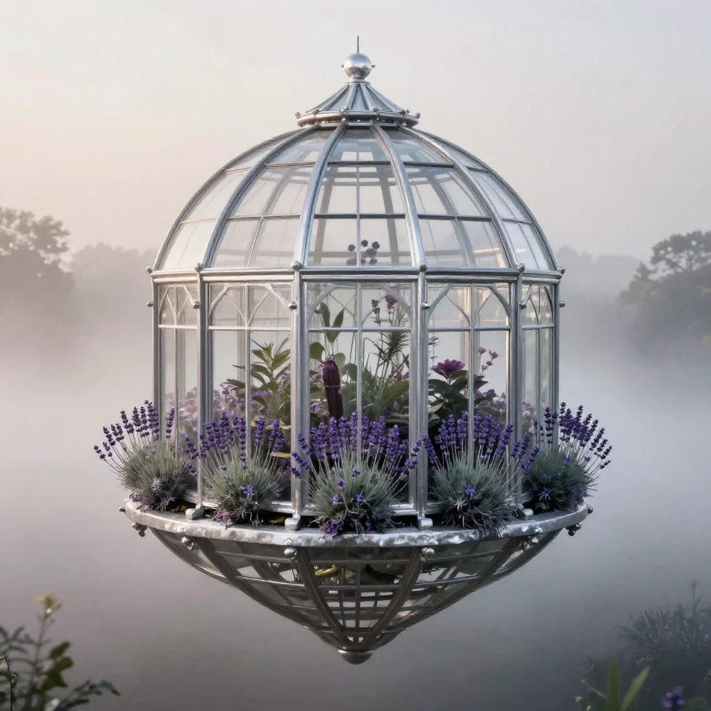 a floating botanical conservatory under soft dawn fog, high-end design magazine photography, atmospheric depth, lavender