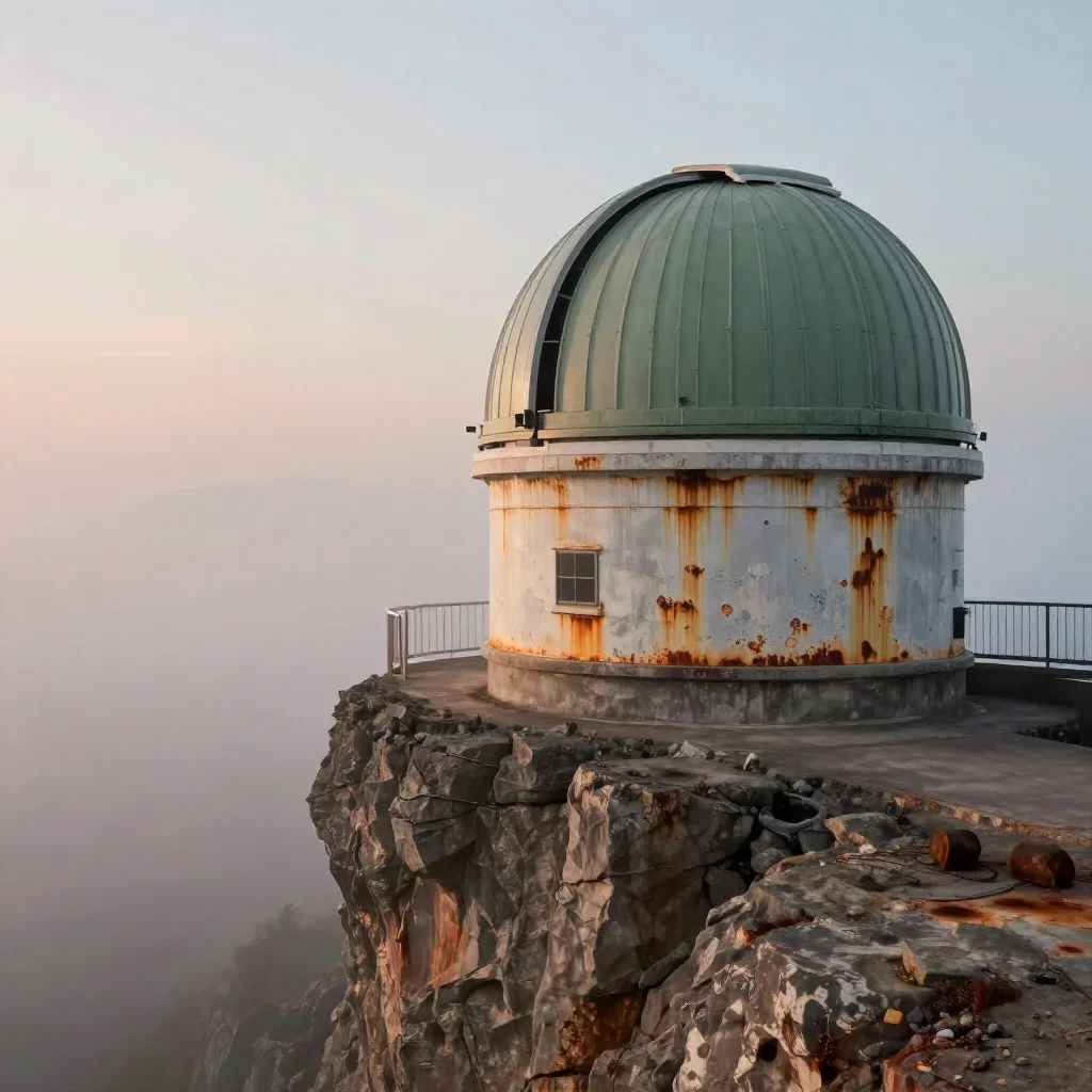 a cliffside observatory under soft dawn fog, dreamlike fine-art landscape photography, weathered tactile surfaces, rust 