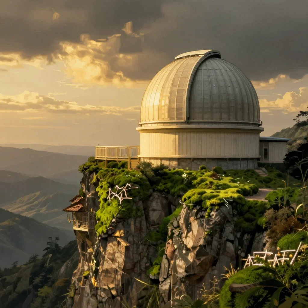 a cliffside observatory during golden hour, Japanese woodblock-inspired editorial art, atmospheric depth, moss green and
