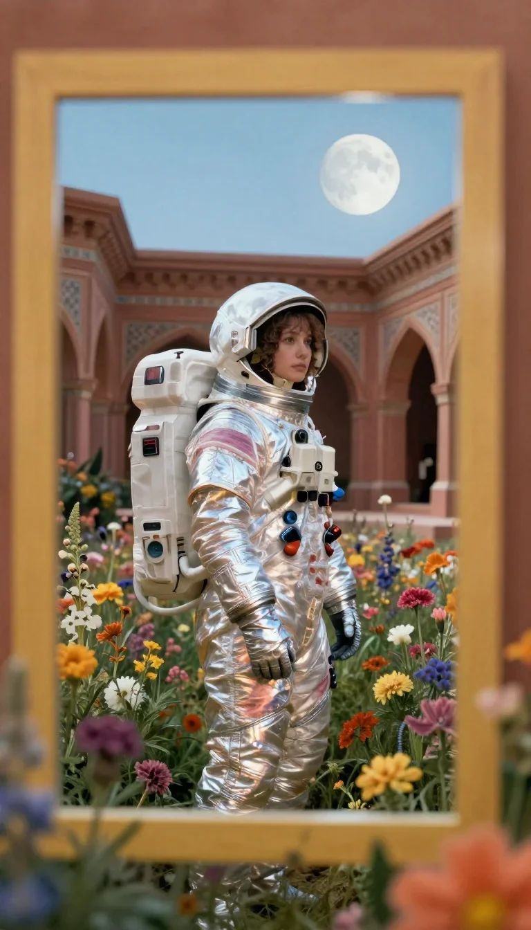 an astronaut in a reflective bodysuit among wildflowers in an alluring over-the-shoulder glance, in a moonlit palace cou