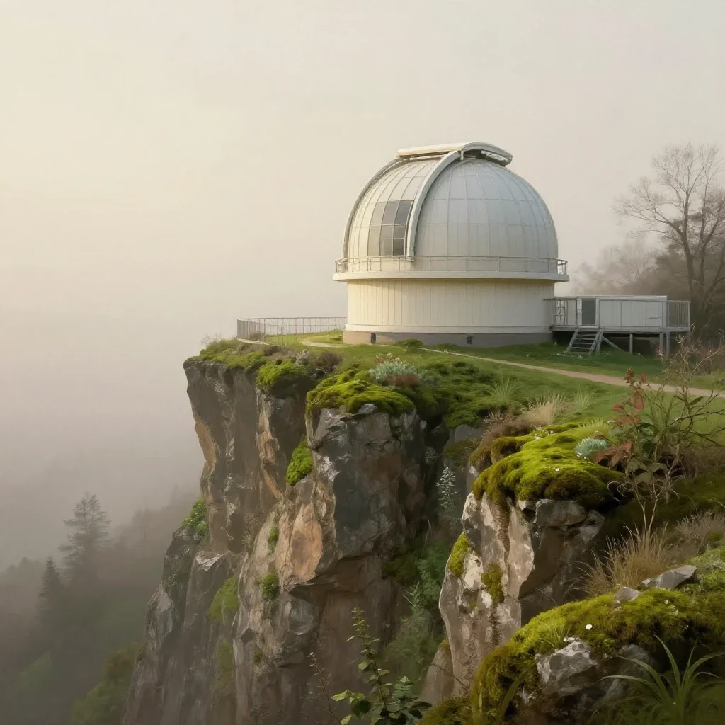 a cliffside observatory in early spring mist, contemporary botanical illustration, soft volumetric light, moss green and