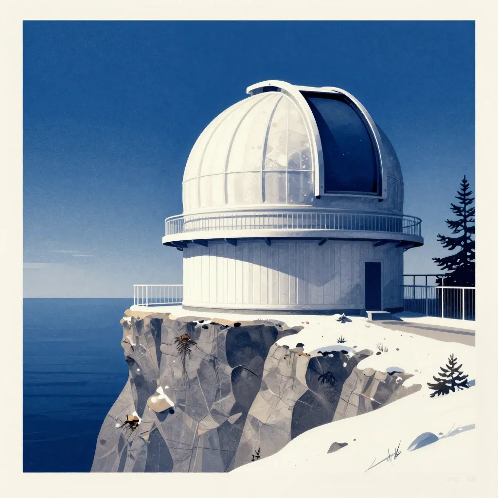 a cliffside observatory in crisp winter sunlight, modernist poster illustration, weathered tactile surfaces, indigo and pearl palette, no people, no text, no logo, no watermark