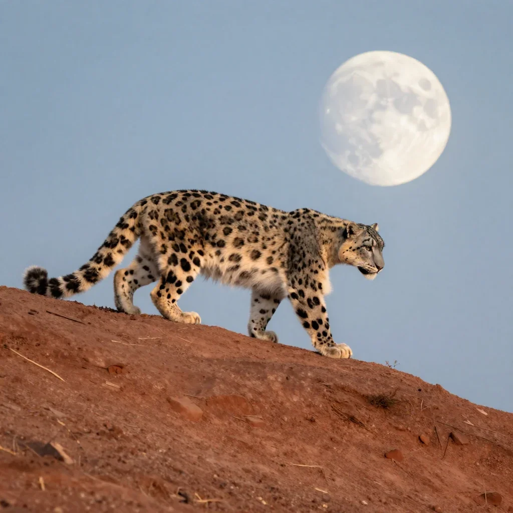 a snow leopard crossing a ridge at moonrise, macro natural-history photography, gentle reflected light, terracotta and p