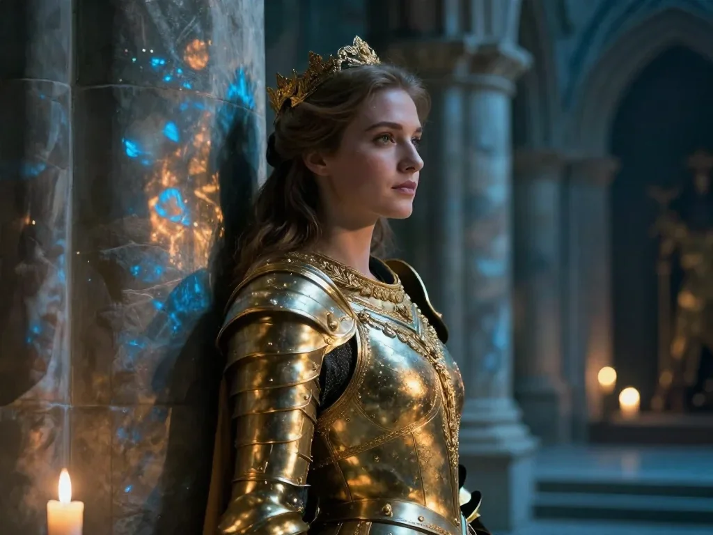 a warrior queen in ornate gilded armor in a wind-swept lean against a wall, in a candle-lit cathedral ruin, cinematic fi
