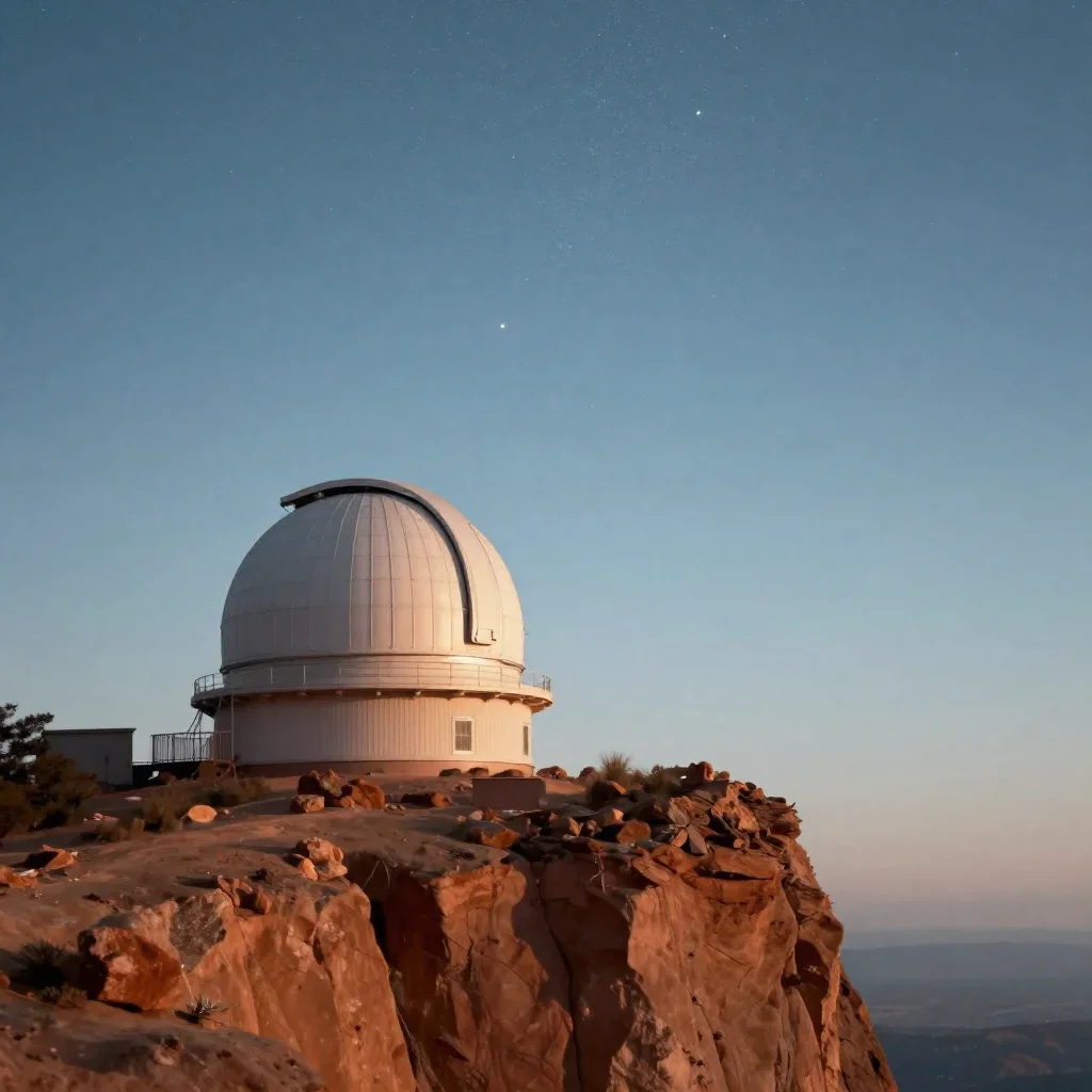 a cliffside observatory beneath a star-filled sky, quiet science-fiction concept art, restrained color harmony, terracot