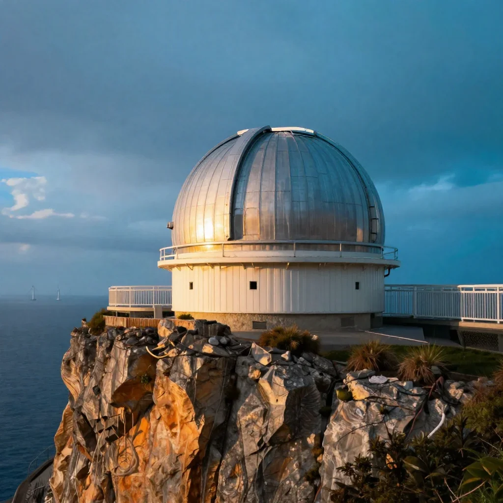a cliffside observatory after warm summer rain, cinematic architectural photography, soft volumetric light, cobalt and a