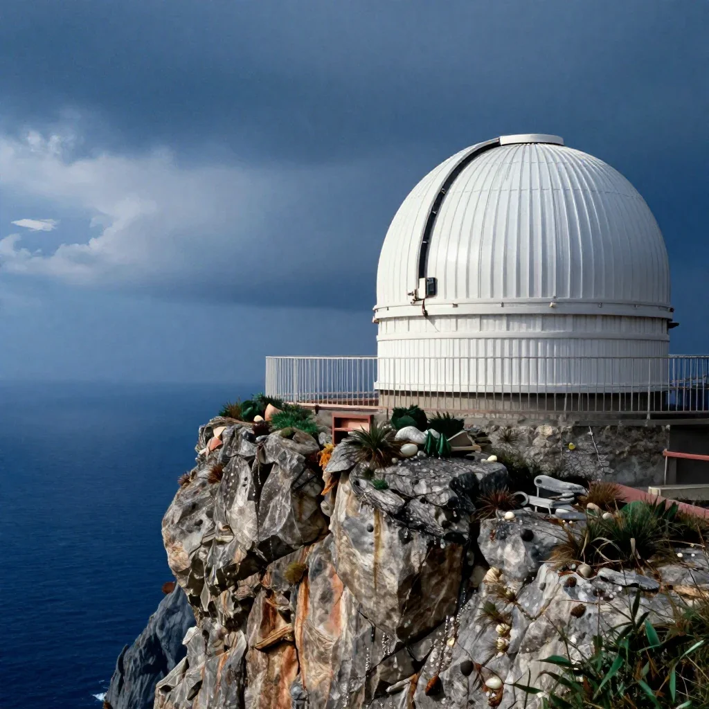 a cliffside observatory after warm summer rain, refined editorial travel photography, crisp material detail, indigo and 