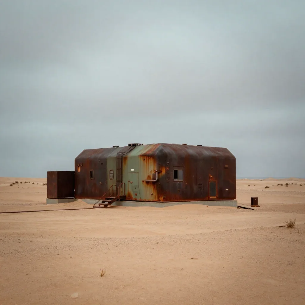 a desert research station under overcast coastal light, refined editorial travel photography, atmospheric depth, rust an