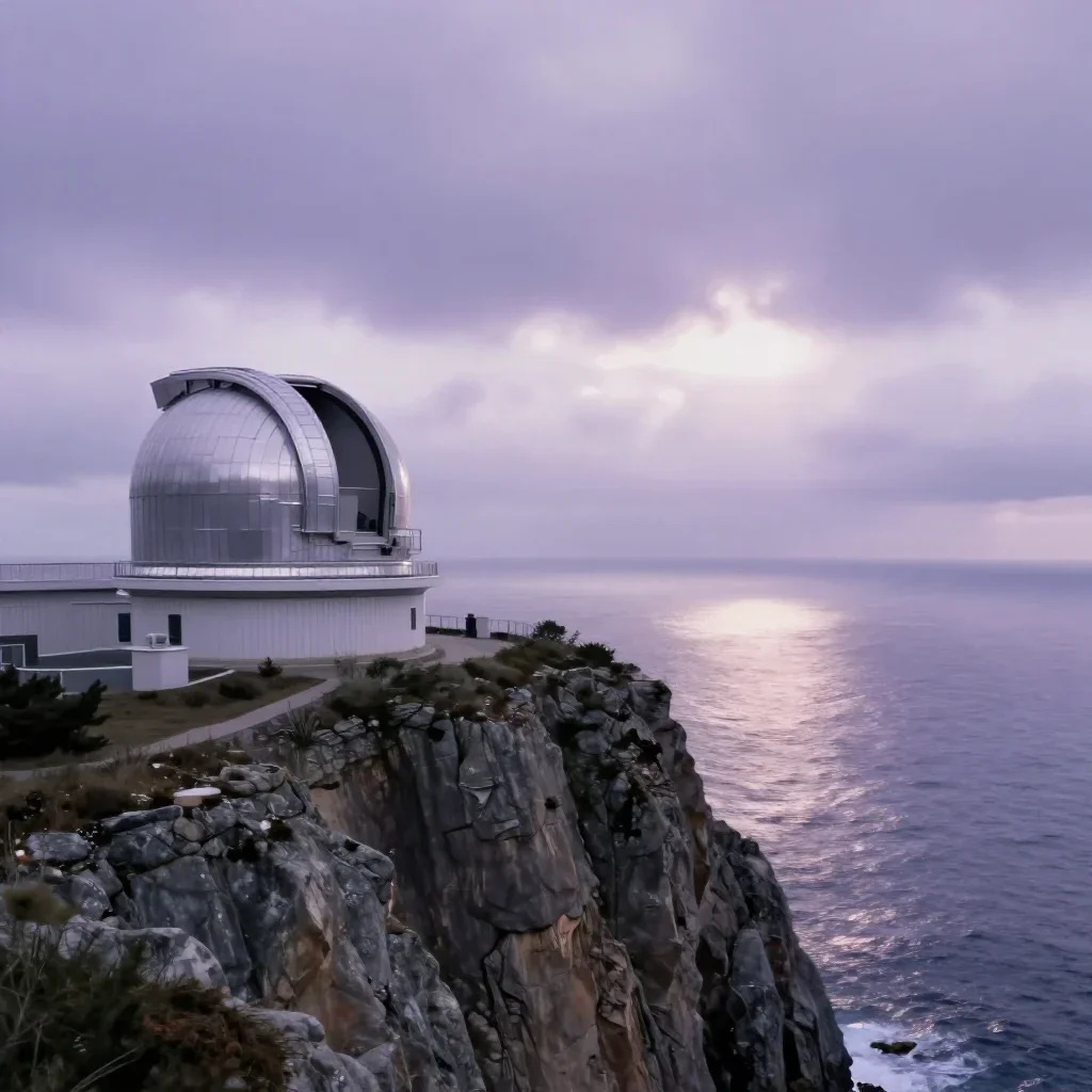 a cliffside observatory under overcast coastal light, quiet science-fiction concept art, gentle reflected light, lavende