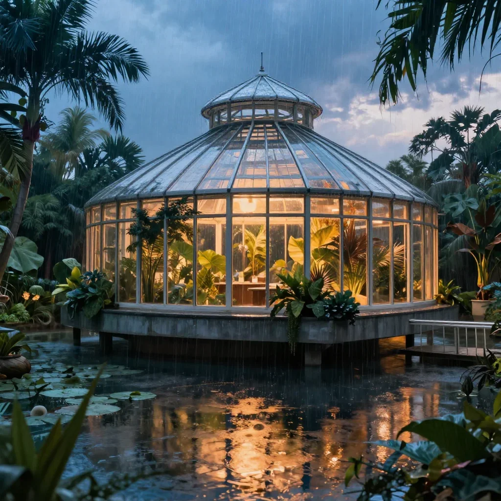 a floating botanical conservatory after warm summer rain, cinematic architectural photography, gentle reflected light, c