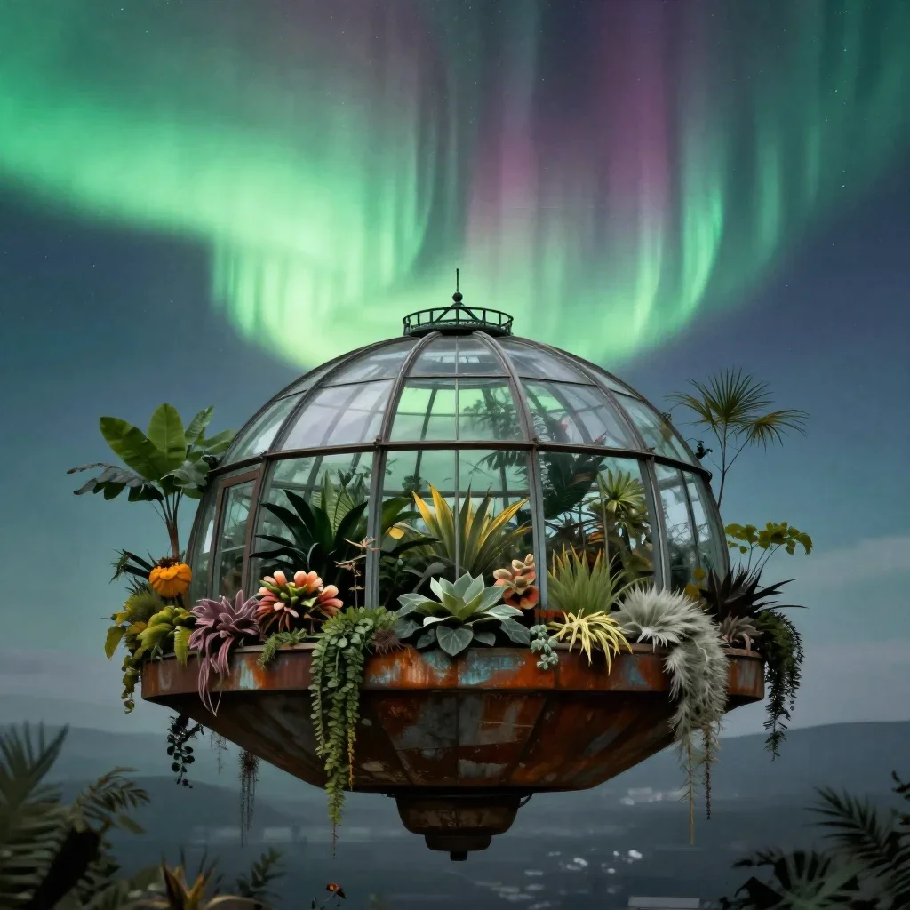 a floating botanical conservatory beneath an aurora, refined editorial travel photography, atmospheric depth, rust and s