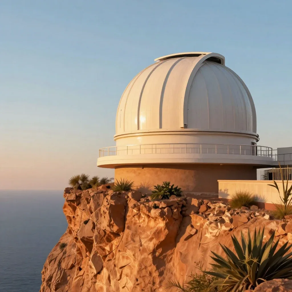 a cliffside observatory during golden hour, contemporary botanical illustration, clean natural textures, terracotta and 