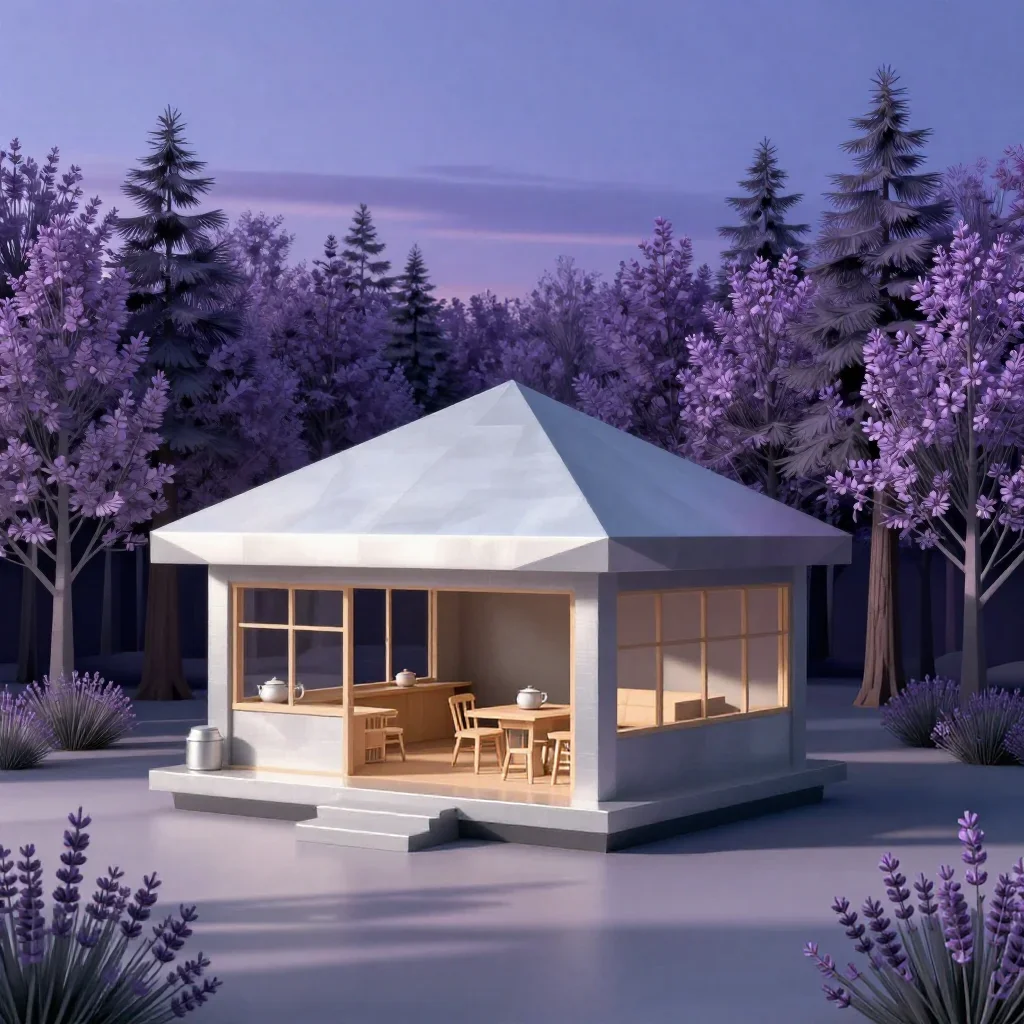 a forest tea house at blue hour, minimal geometric 3D art, clean natural textures, lavender and silver palette, family-s