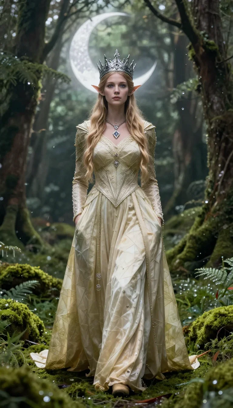 an elven queen in a moonlit silver crown standing tall with hands in pockets, in a dewy forest clearing, dreamlike fanta