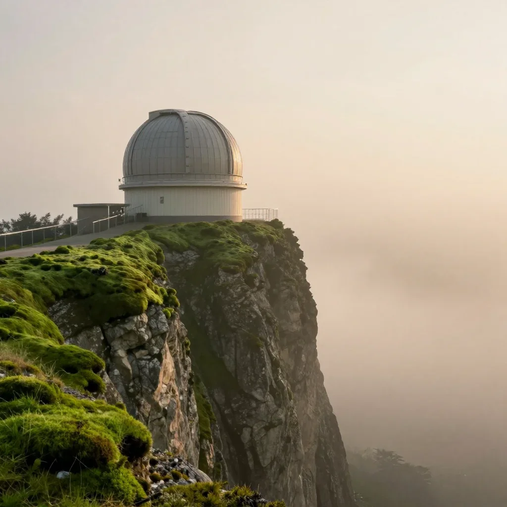 a cliffside observatory under soft dawn fog, dreamlike fine-art landscape photography, careful geometric composition, mo