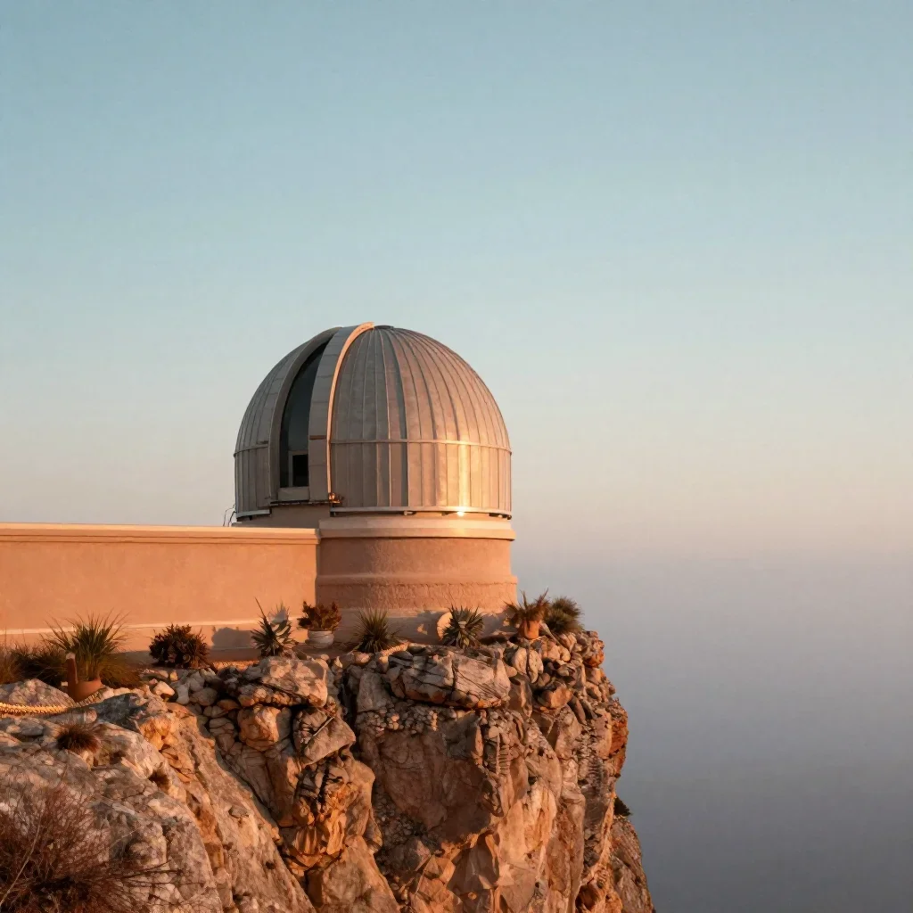 a cliffside observatory in quiet late-afternoon haze, cinematic architectural photography, subtle film grain, terracotta