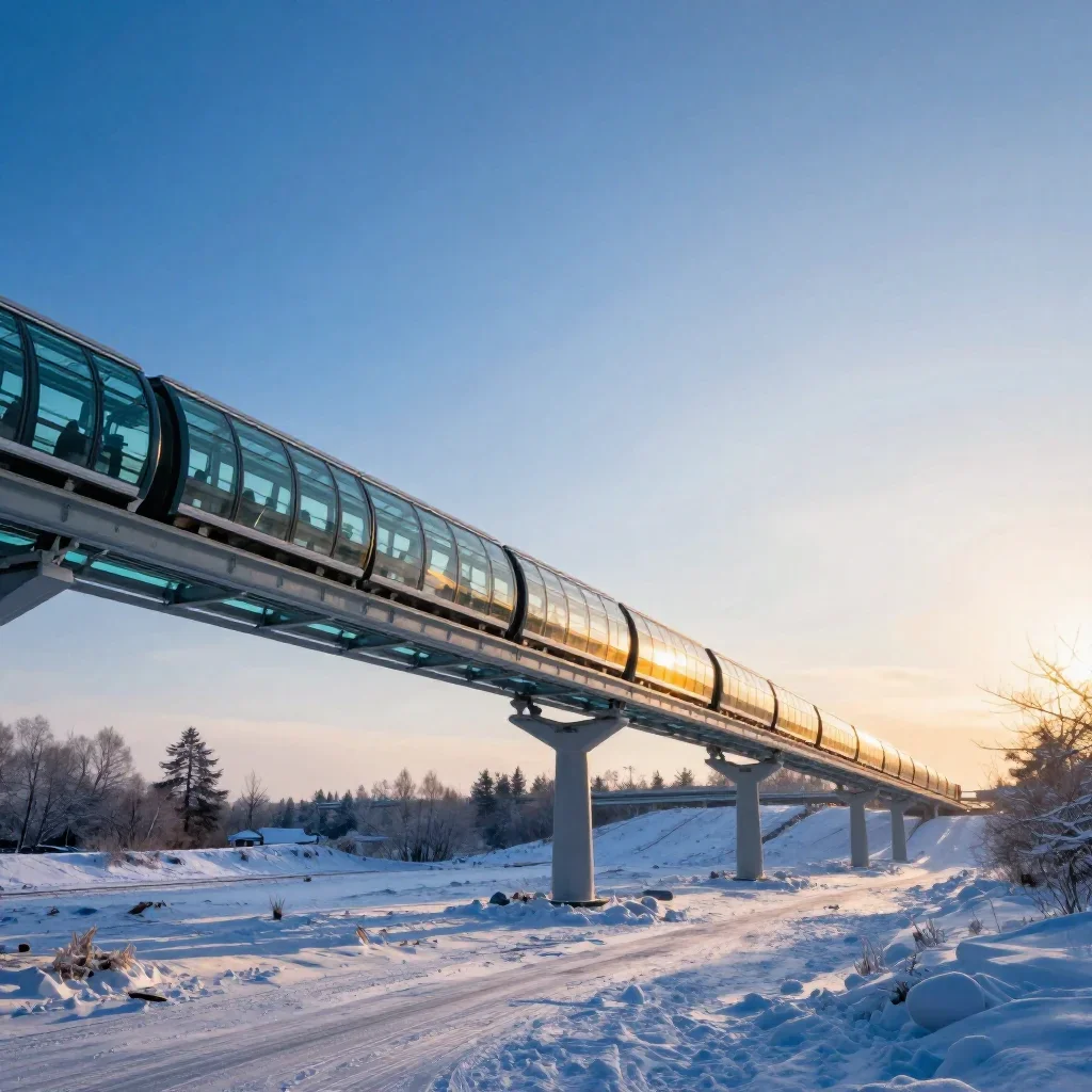 a glass monorail in crisp winter sunlight, high-end design magazine photography, calm negative space, cobalt and amber p