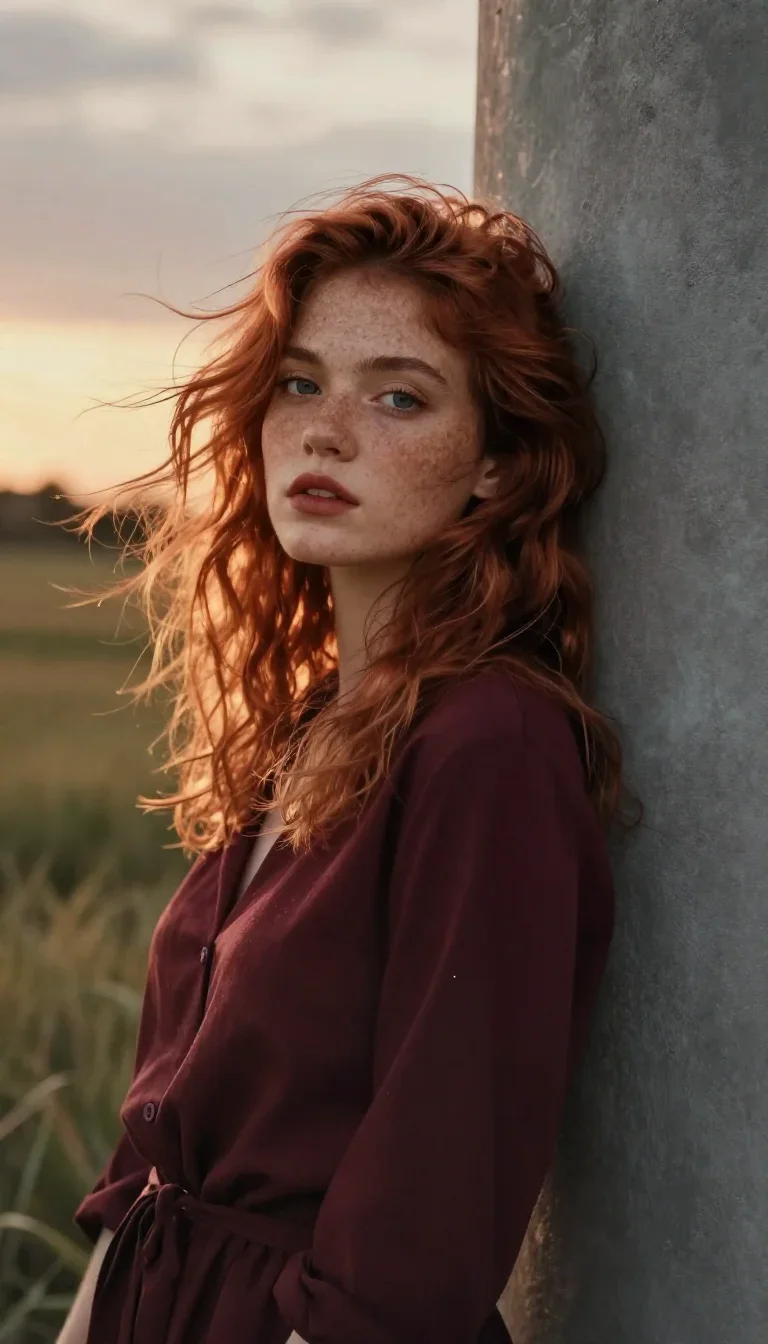 a muse with freckles and wind-tousled copper hair in a wind-swept lean against a wall, in a backlit golden-hour field, m