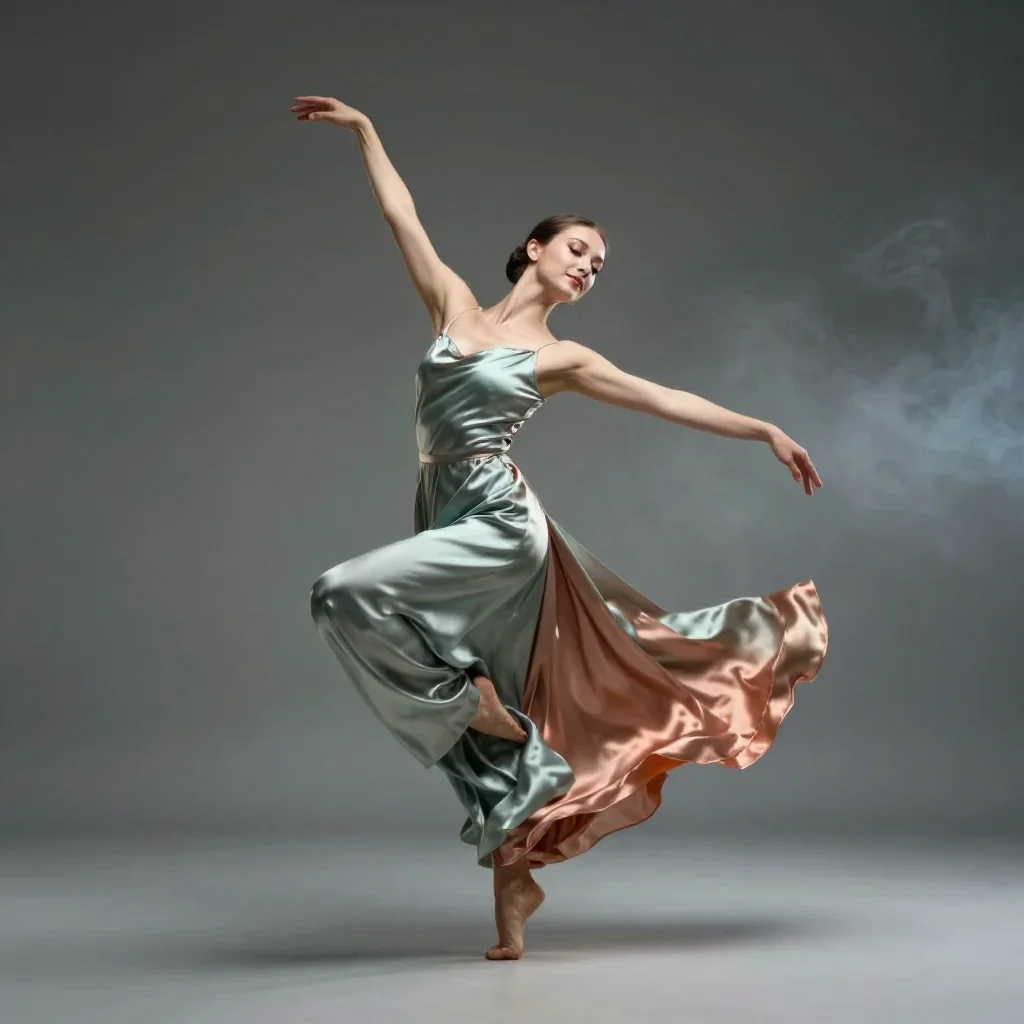 a dancer mid-spin in a silk maxi dress in a graceful contrapposto pose, in a smoke-lit photo studio, mythology-inspired 
