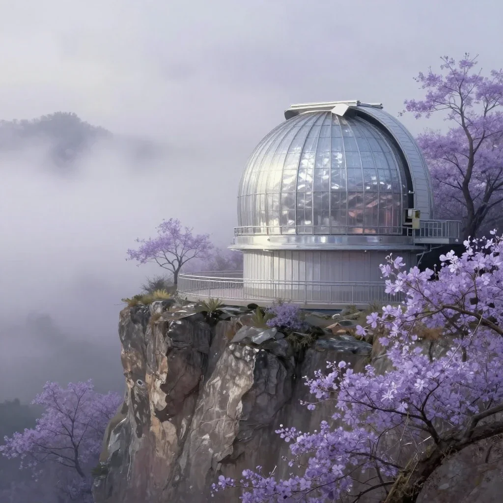 a cliffside observatory in early spring mist, contemporary botanical illustration, gentle reflected light, lavender and 